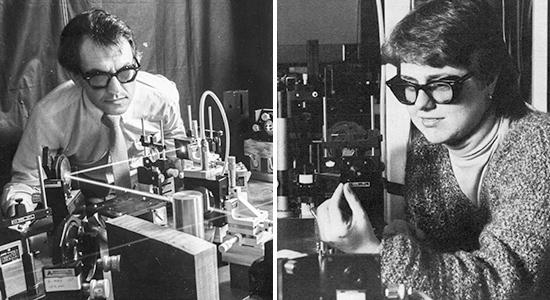 side-by-side photos of University of Rochester alumnus Donna Strickland and former professor Gerard Mourou, taken on campus in the 1980s conducting optical research