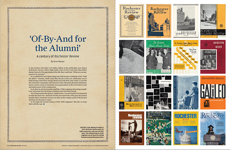photo of pages from the University of Rochester's alumni magazine showing a feature story on the 100th anniversary of the magazine
