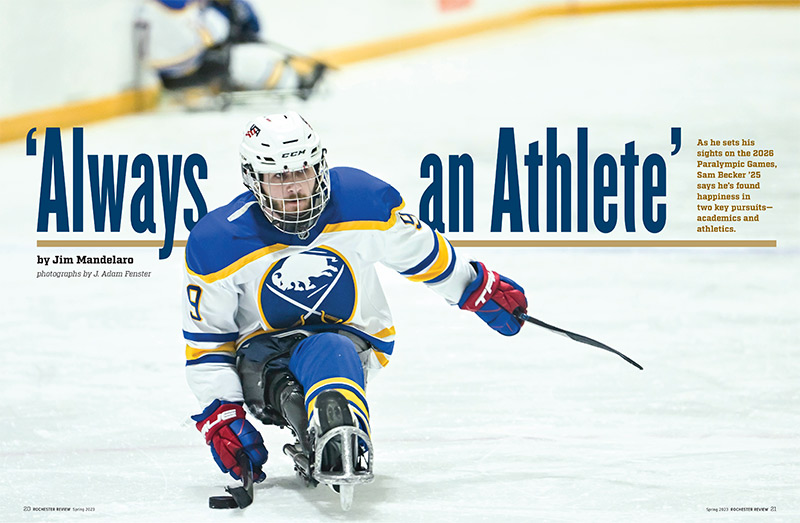 photo of pages from the University of Rochester's alumni magazine showing a feature story on student sled hockey player