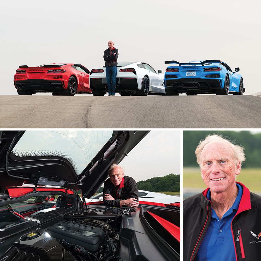 photos of Corvette engineer Tadge Juechter with three models of the car, a portrait, and with a car’s engine