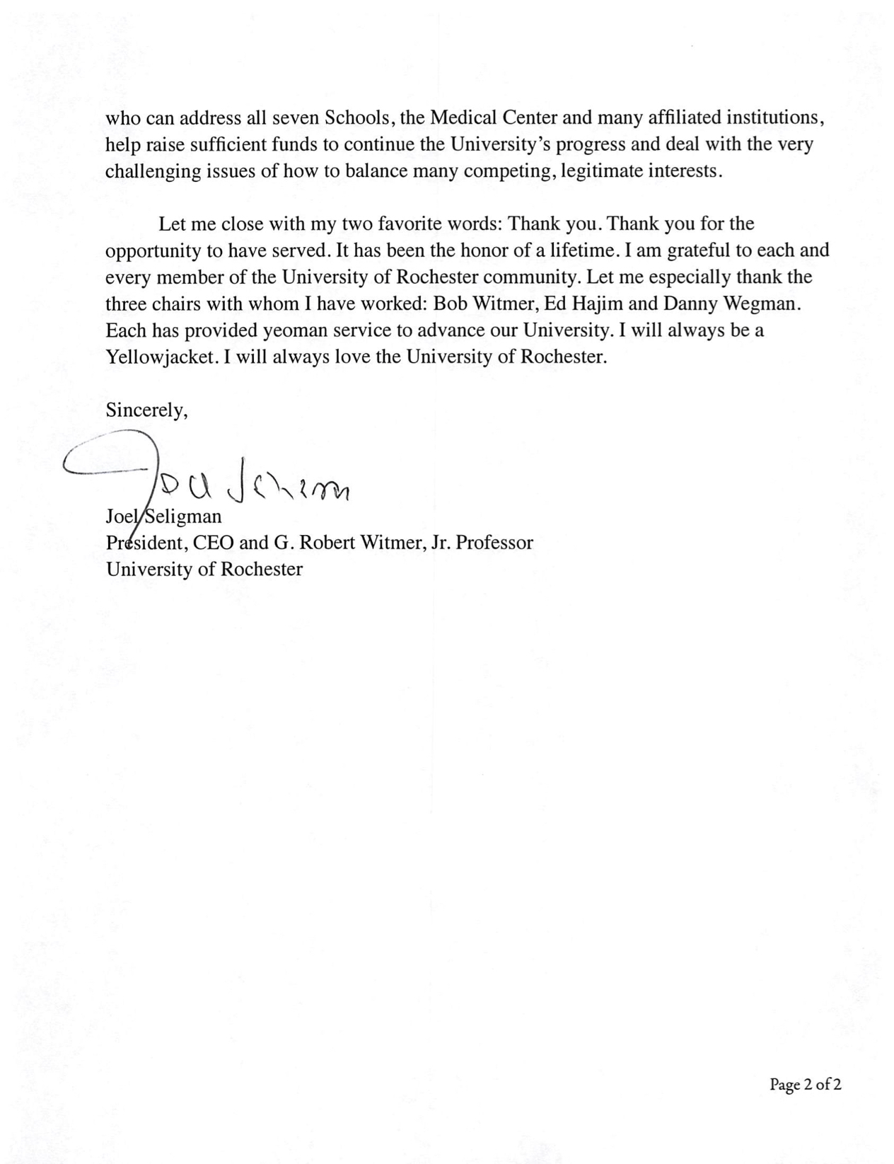 Letter from Joel Seligman, President and CEO, University of Rochester