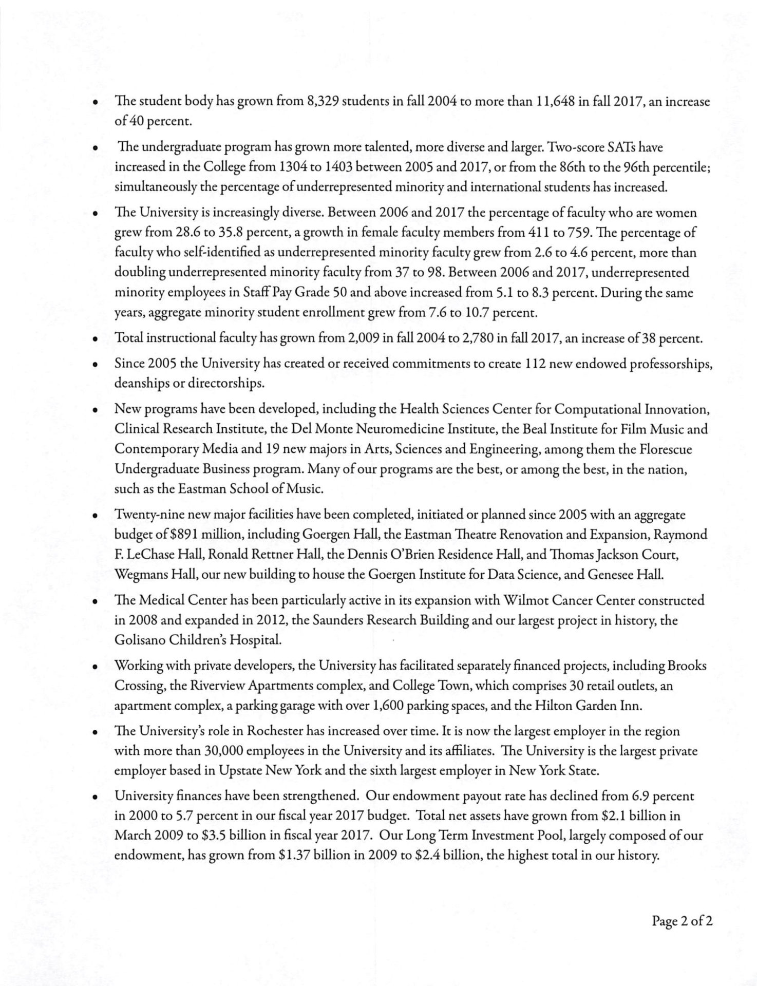 Letter from Danny Wegman, Chair of the Board of Trustees, University of Rochester