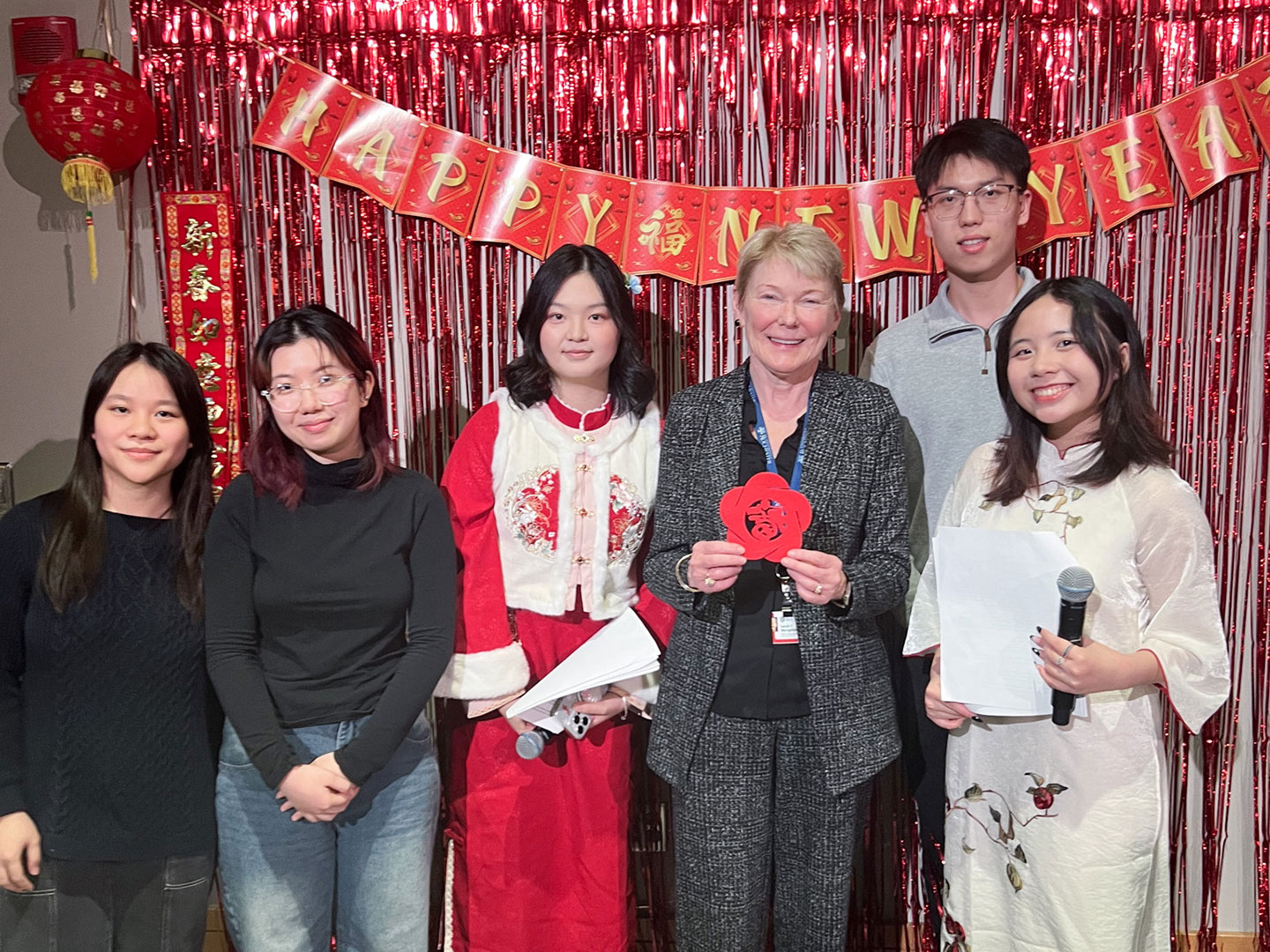 President Mangelsdorf with leaders of Chinese and Vietnamese Student Associations.