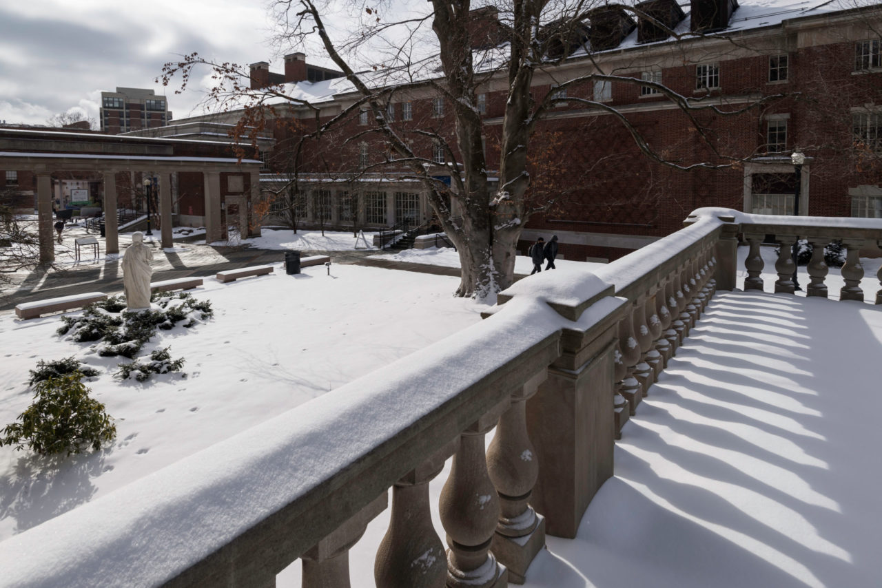 A quad on the University of Rochester's campus after a snowstorm.