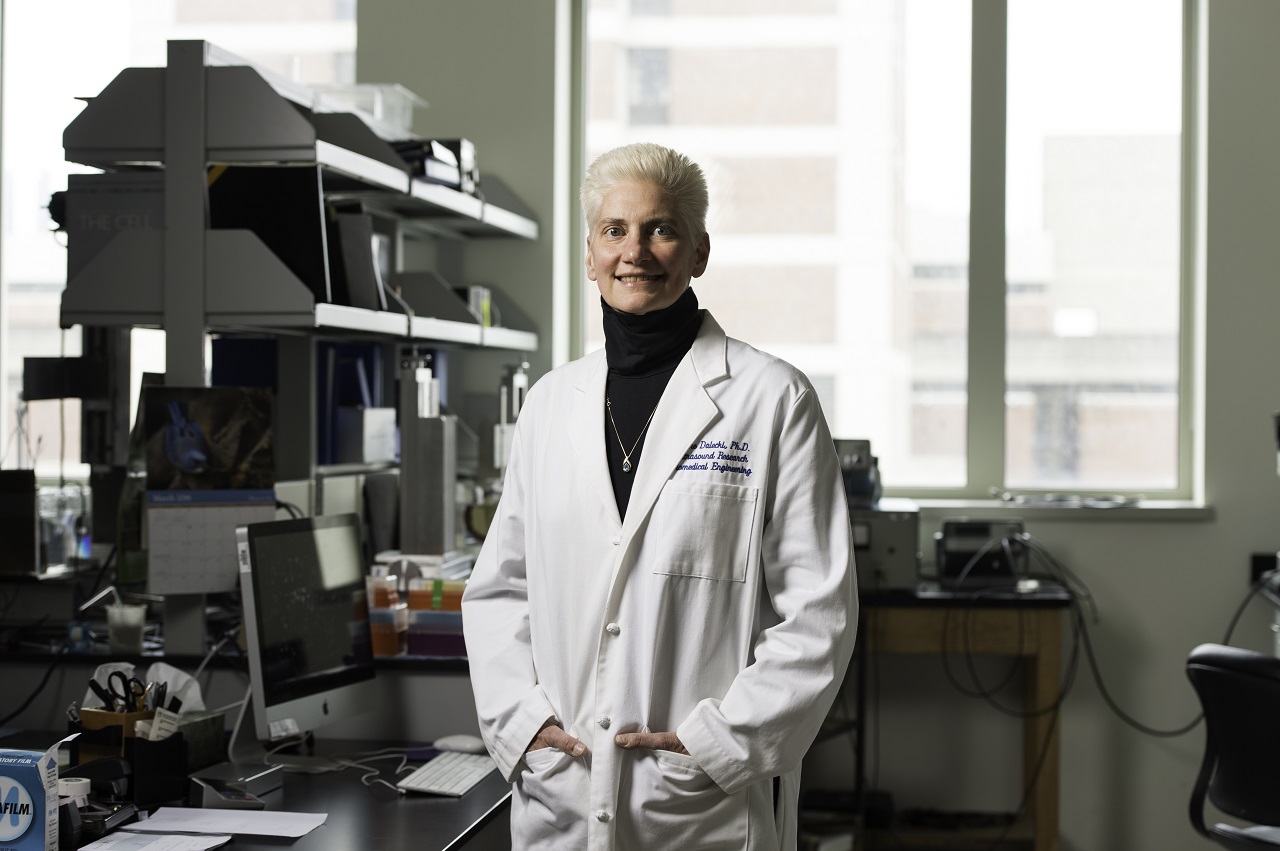 Diane Dalecki, PhD; professor of biomedical engineering and electrical and computer engineering, is pictured in her Goergen Hall lab at the University of Rochester