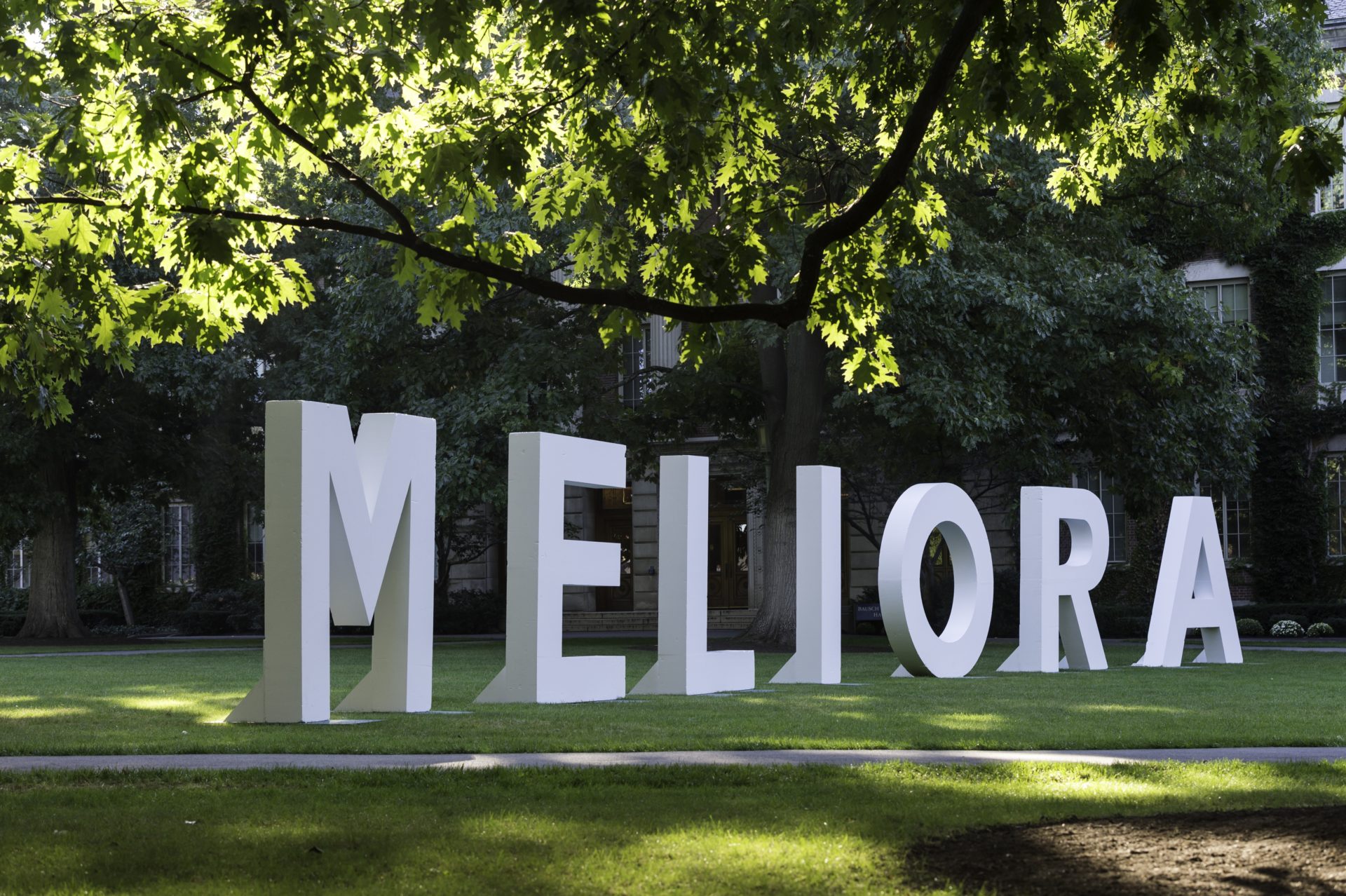 "Meliora" is spelled out in large letters on University of Rochester's Eastman Quad