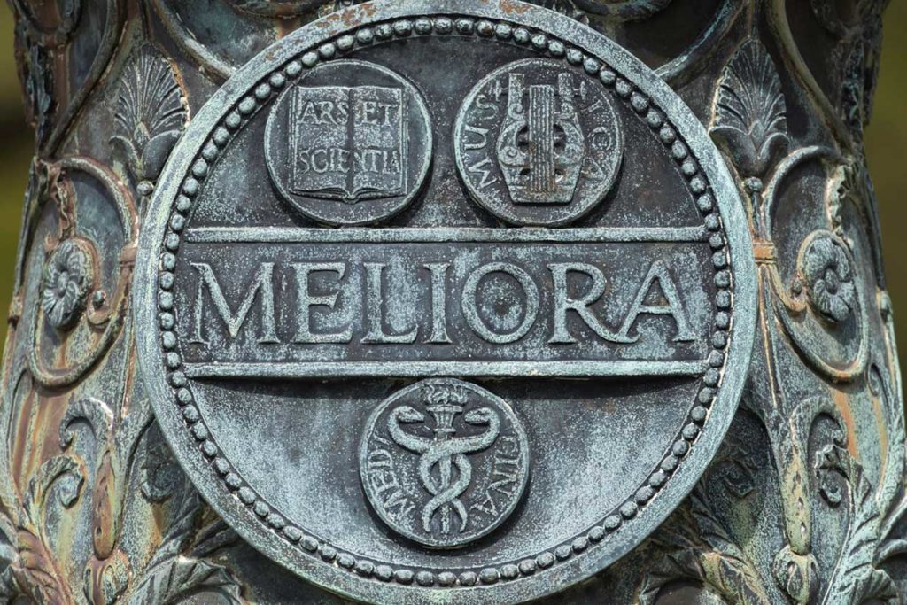 The Meliora insignia on a flag pole