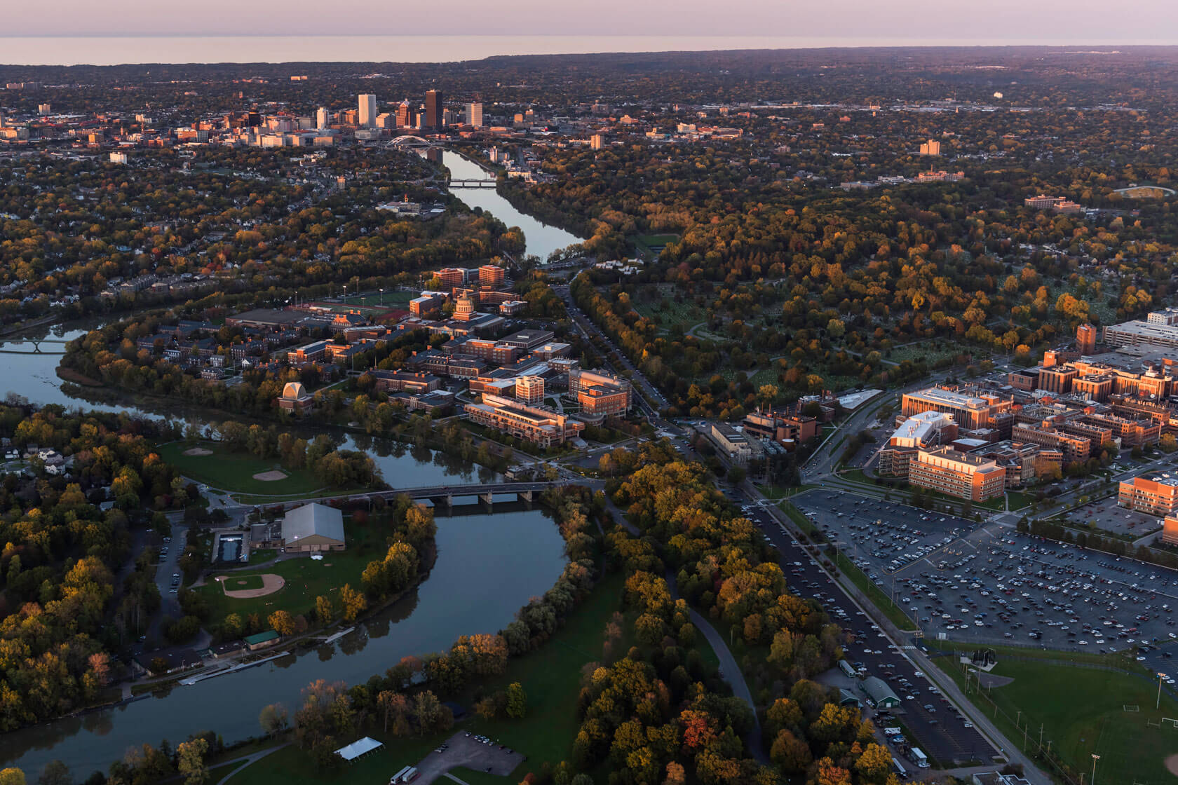 Aerial views of the University of Rochester campus