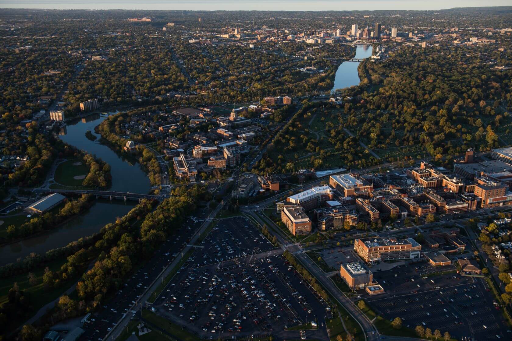 Aerial view of the University of Rochester campus