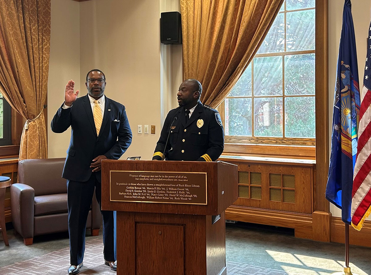 Jon Harrel is sworn in as deputy chief of the University of Rochester Department of Public Safety.