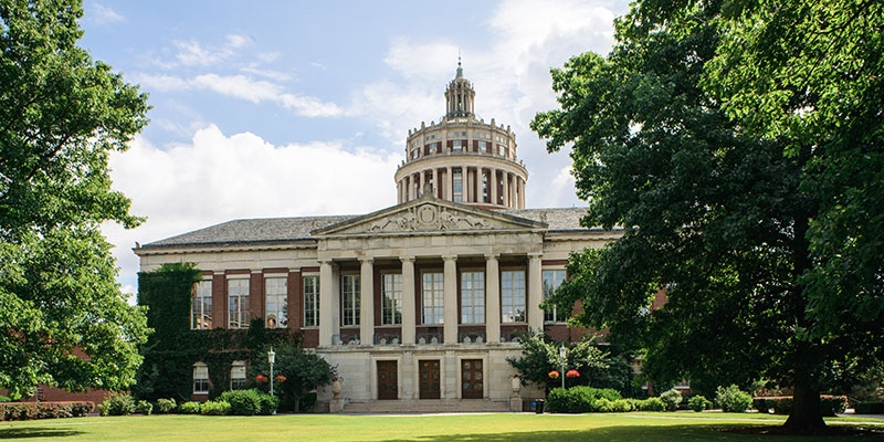 Exterior view of Rush Rhees Library.