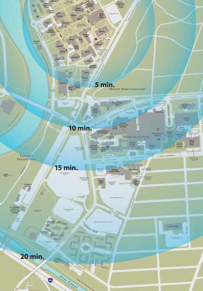 section of a map that illustrates the growth areas and connections between River Campus and the Medical Center
