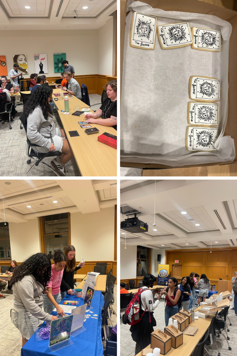 a collage of photographs of the Title IX office providing a tarot reading for healthy relationships.