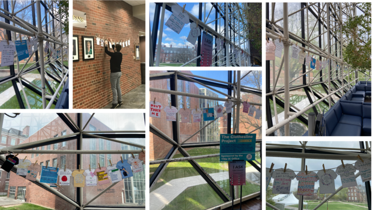 a collage of photographs of the Title IX office hanging up paper tshirts across campus for the clothesline project.