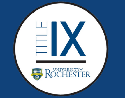 a blue background with a white circle containing the words title ix and the university of rochester logo.