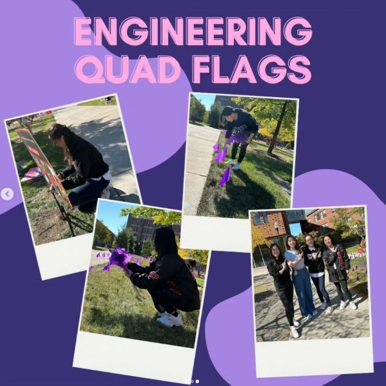 a photo of a collage of students planting purple flags into the ground on campus to show their support for ending dating and domestic violence.
