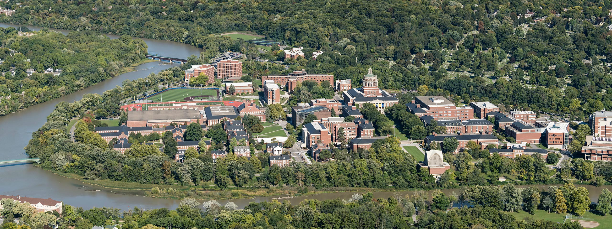 An aerial view of the University of Rochester River Campus.