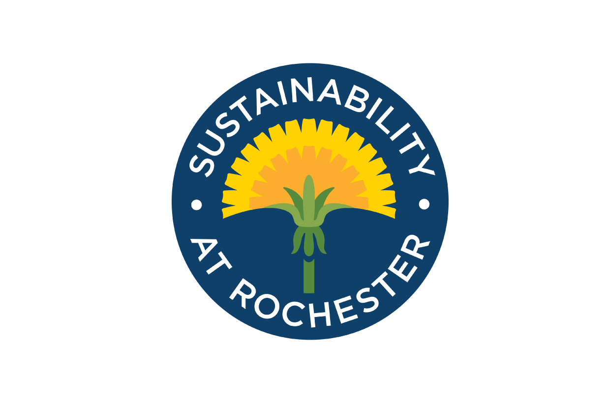 the "Sustainability at Rochester" logo, which is a polygonal rendering of a dandelion