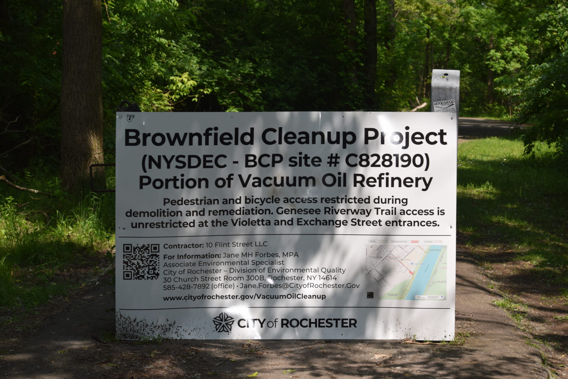 Photo of Brownfield Cleanup Project notice put up by the City of Rochester at the Vacuum Oil Refinery site.