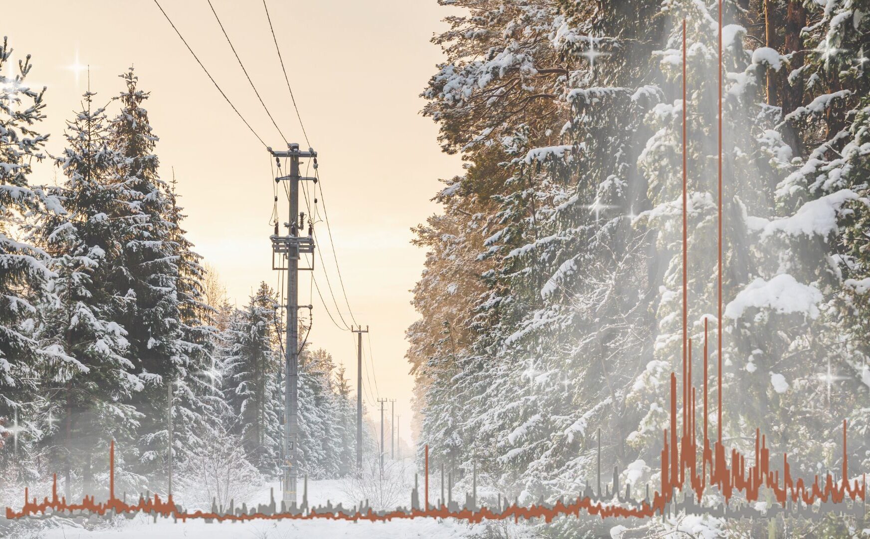 graph of recent energy use overlaid on image of snowy trees with powerline corridor