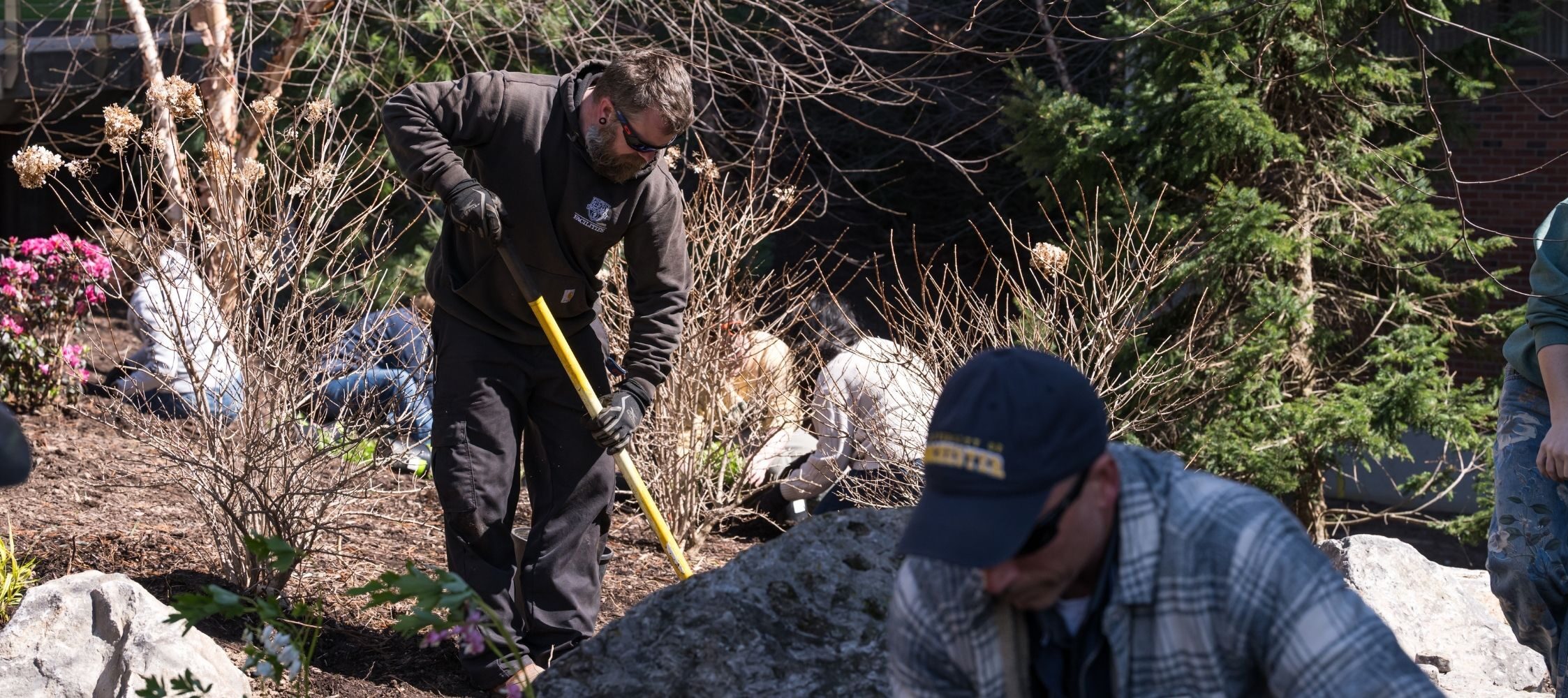 Man digging with shovel in garden on sunny day.