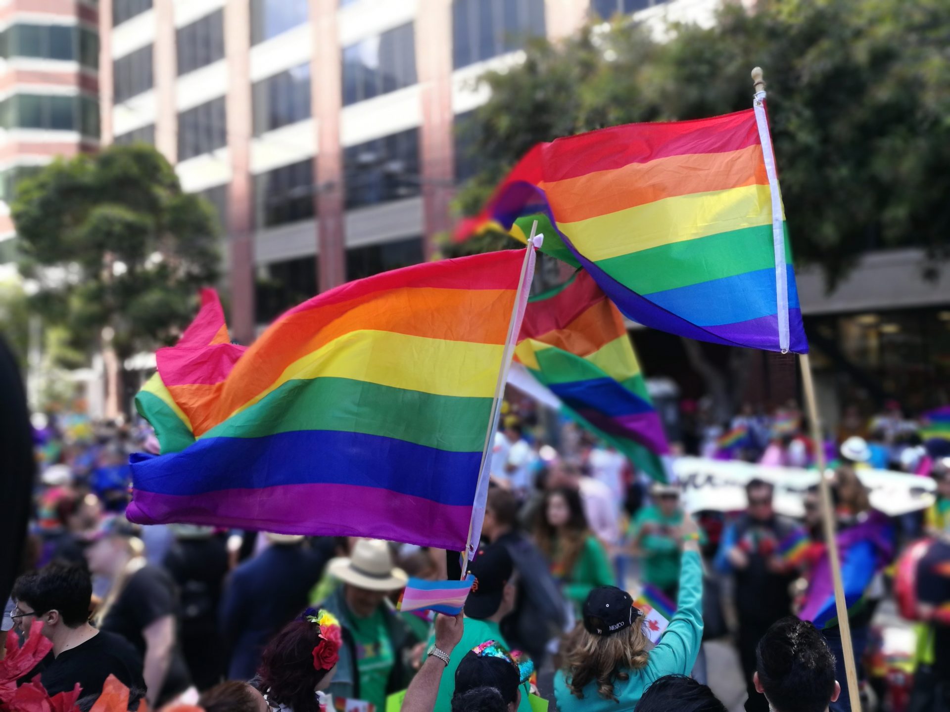 Pride flags being waved at a parade