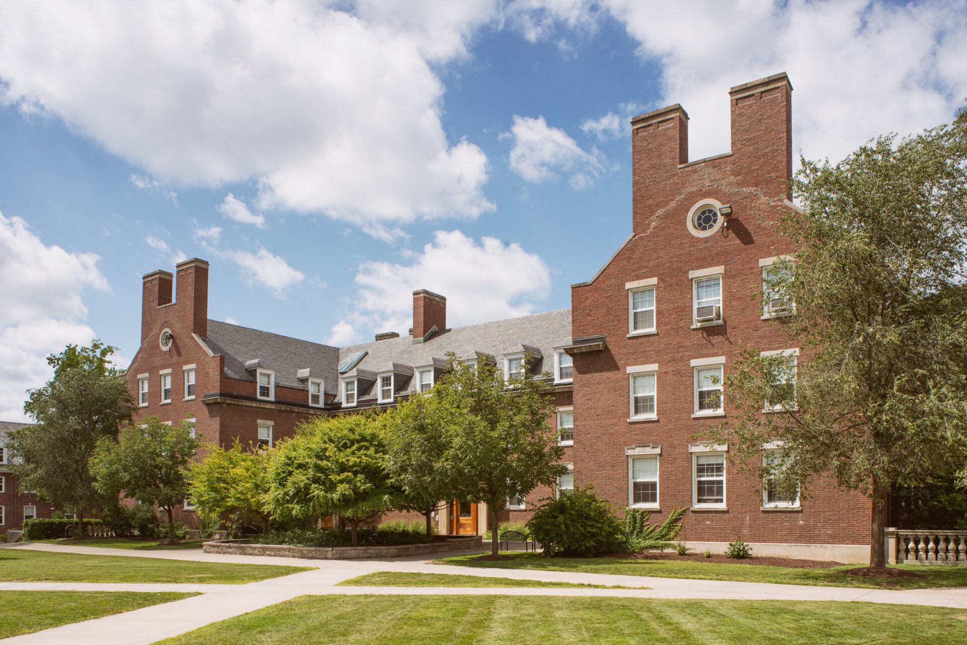 Exterior view of Burton Middle Hall on the University of Rochester's River Campus