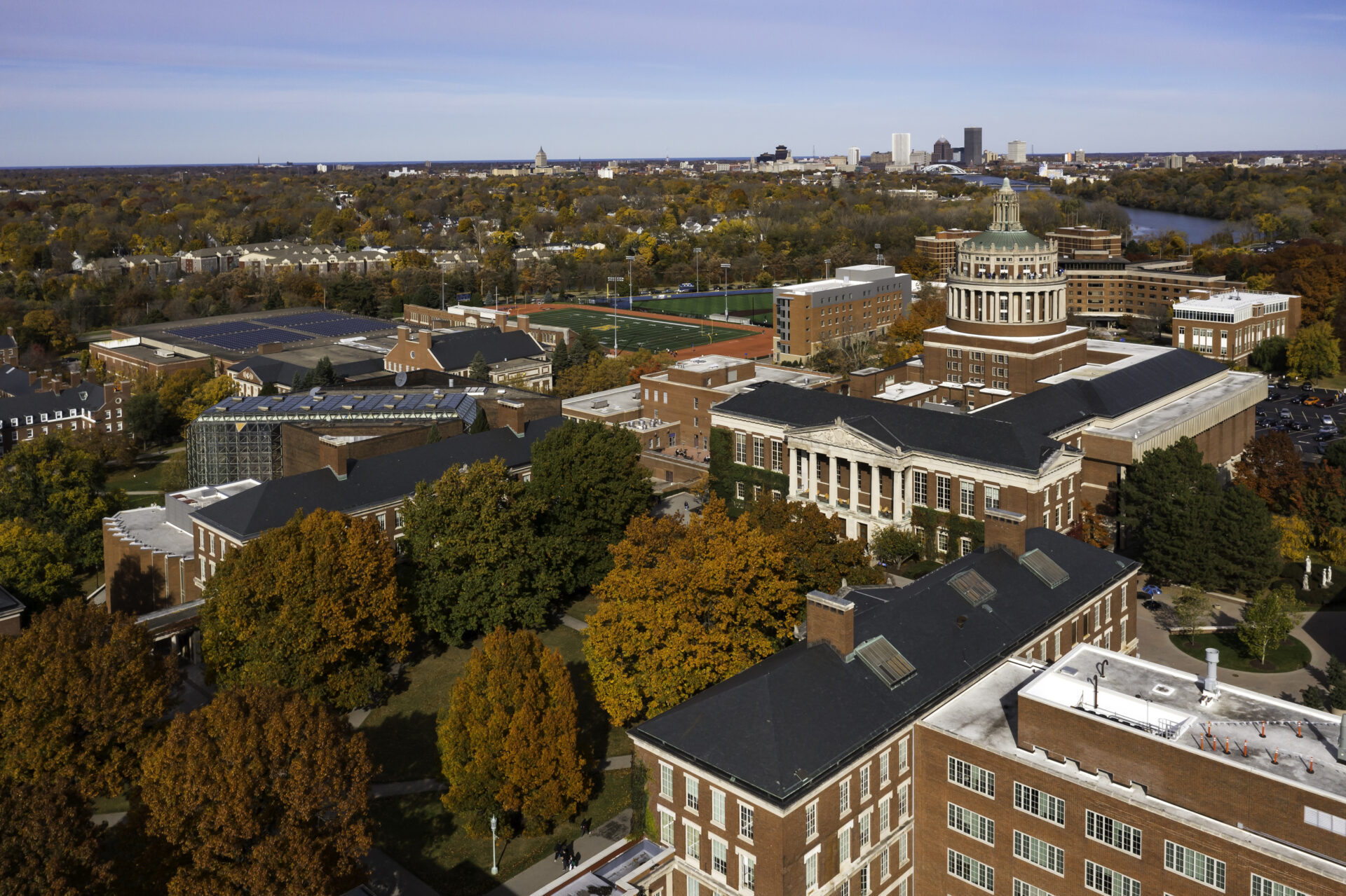 Aerial view of Rush Rhees and Eastman Quad in the fall