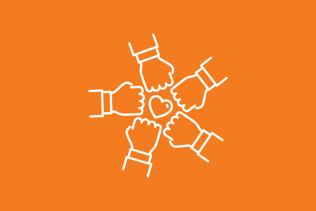Line drawing of five fists coming together to surround a heart