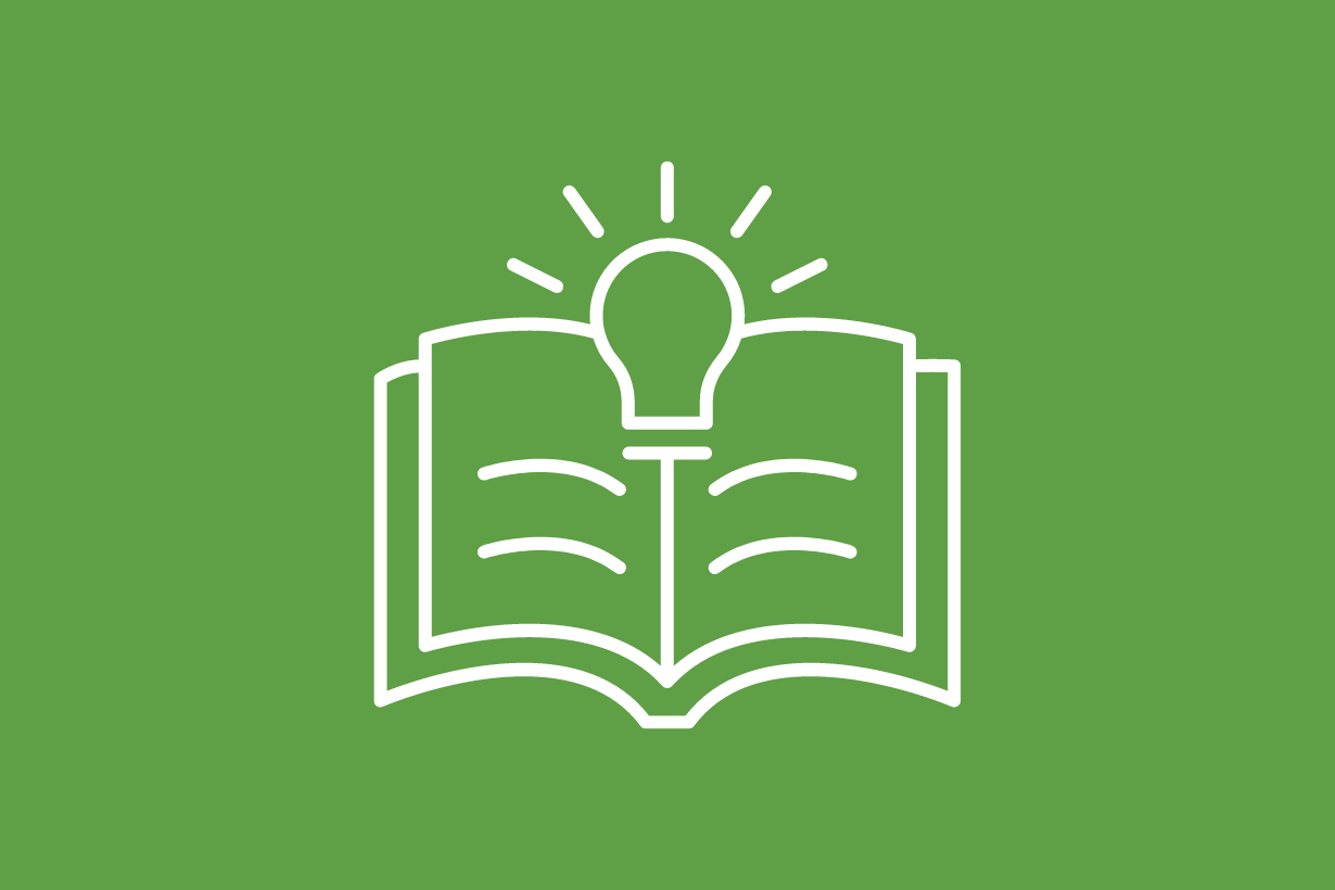Line drawing of an open book with a lightbulb on top