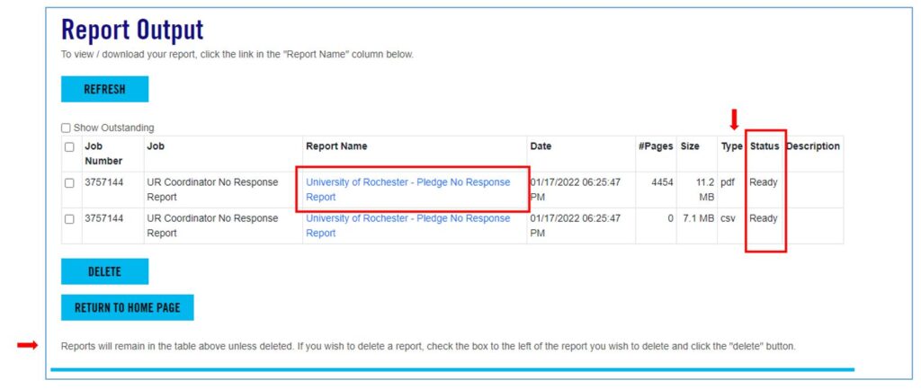 A screenshot of the Report Outputs screen of the ePledge platform