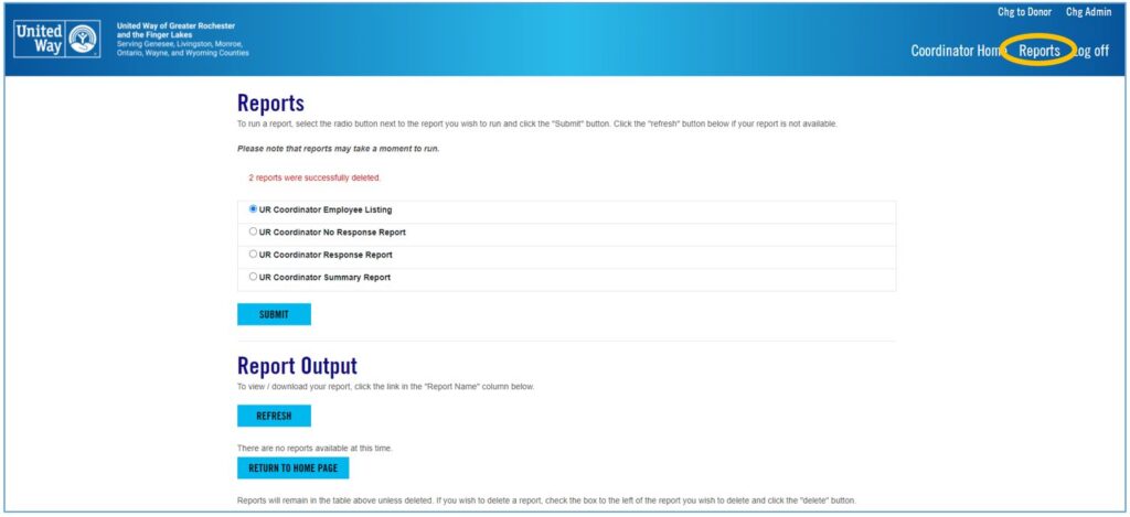 A screenshot of the Reports screen in the ePledge Portal