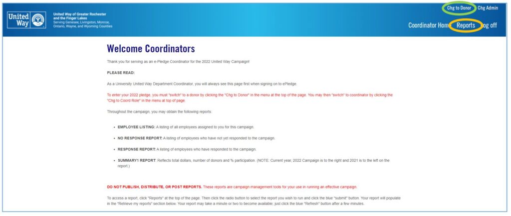 A screenshot of the Welcome Screen of the ePledge Portal