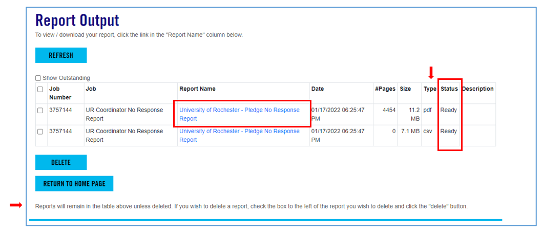 Screenshot of the Report Output screen in the ePledge platform