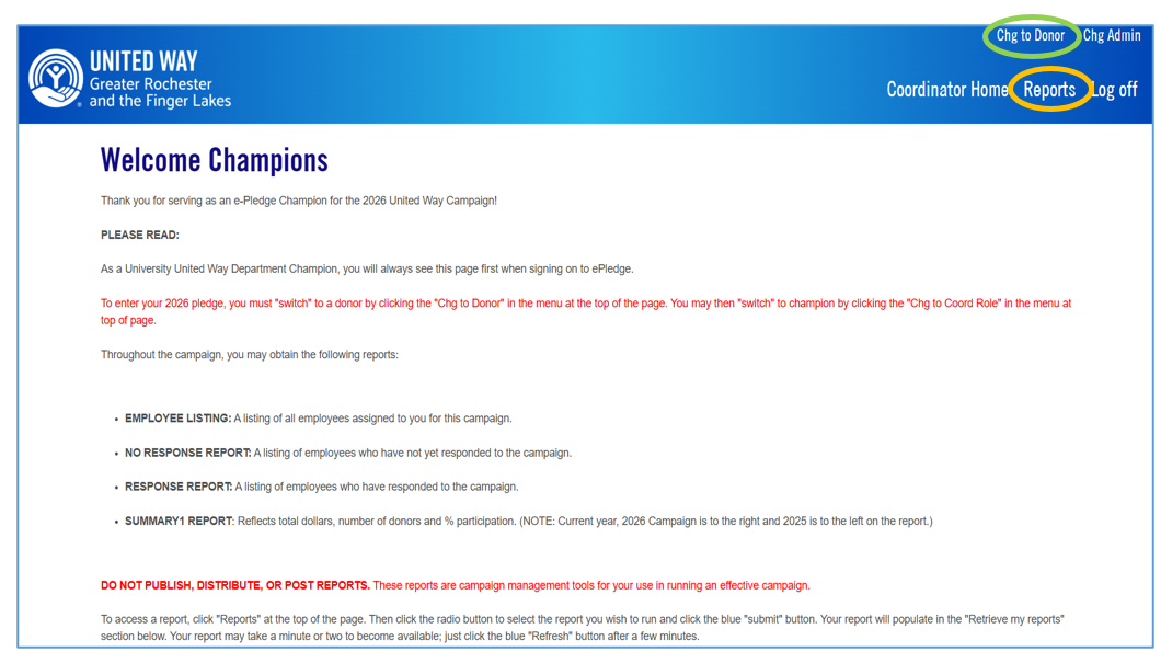 Screenshot of the Welcome Champions screen in the ePledge platform