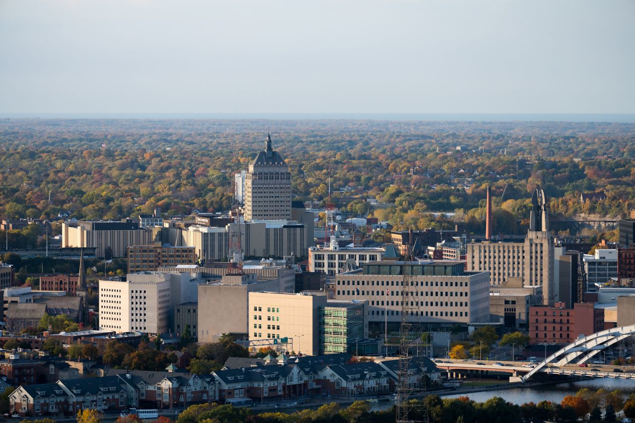 An aerial shot of the city of Rochester