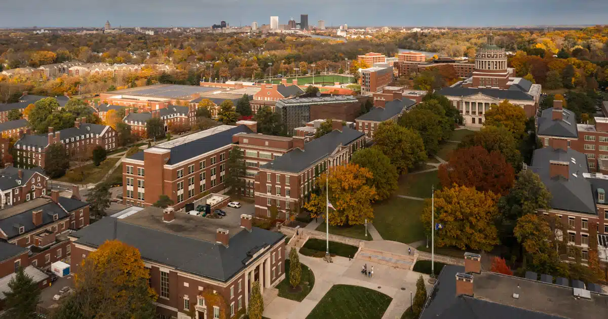 Aerial shot of the University of Rochester's River Campus