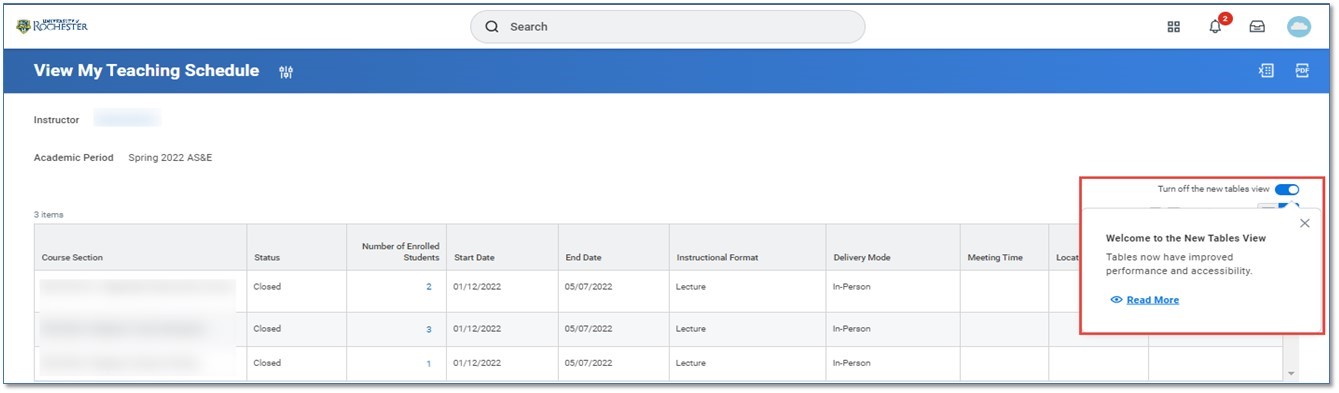 Image of the Table View feature toggle switch. This is a reminder from the March 2021 change that will soon be permanently set to the new view.