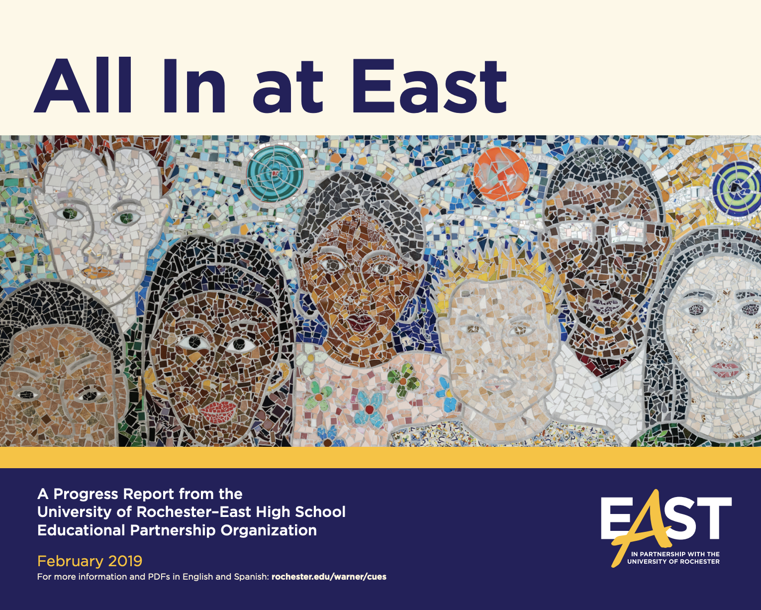 Cover of East EOP Three-Year Report featuring mural of multicultural faces